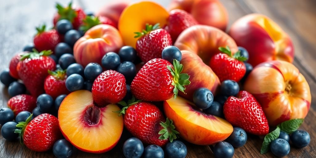 Colorful summer fruits on a wooden table.