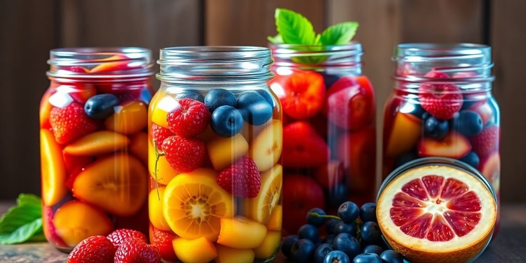 Vibrant sugar-free preserved summer fruits in glass jars.