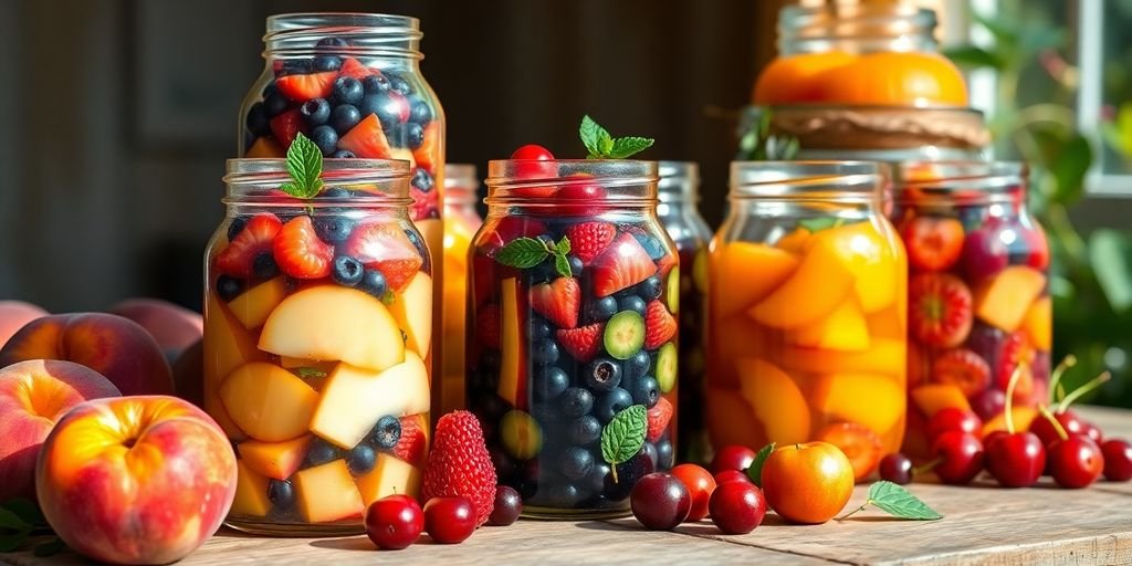 Colorful summer fruits in jars on a wooden table.