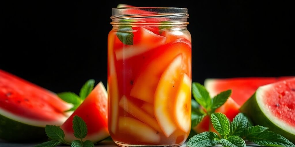 Pickled watermelon rind in a jar with fresh slices.