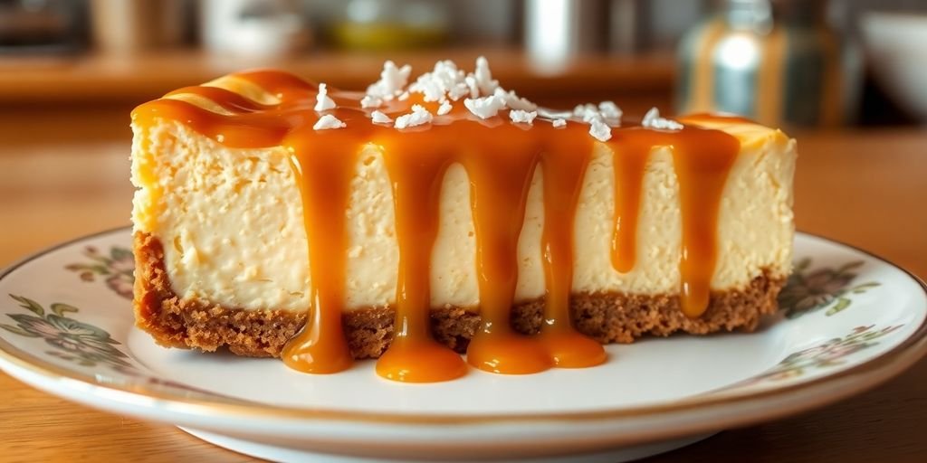 Slice of salted caramel cheesecake with caramel drizzle.