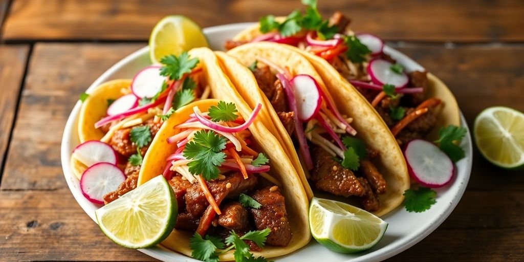 Bulgogi tacos with fresh toppings on a rustic plate.