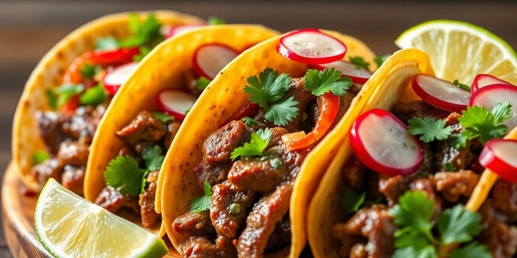 Colorful Korean-Mexican bulgogi tacos with fresh toppings.