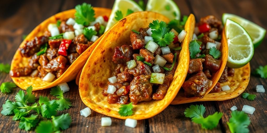 Delicious bulgogi tacos with fresh toppings on a table.