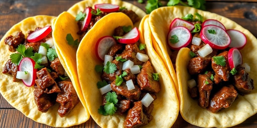 Close-up of bulgogi tacos with fresh toppings.