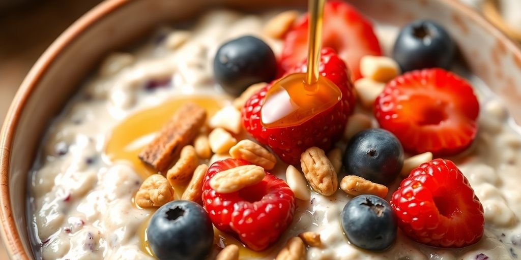 Bowl of high-protein overnight oats with berries and nuts.