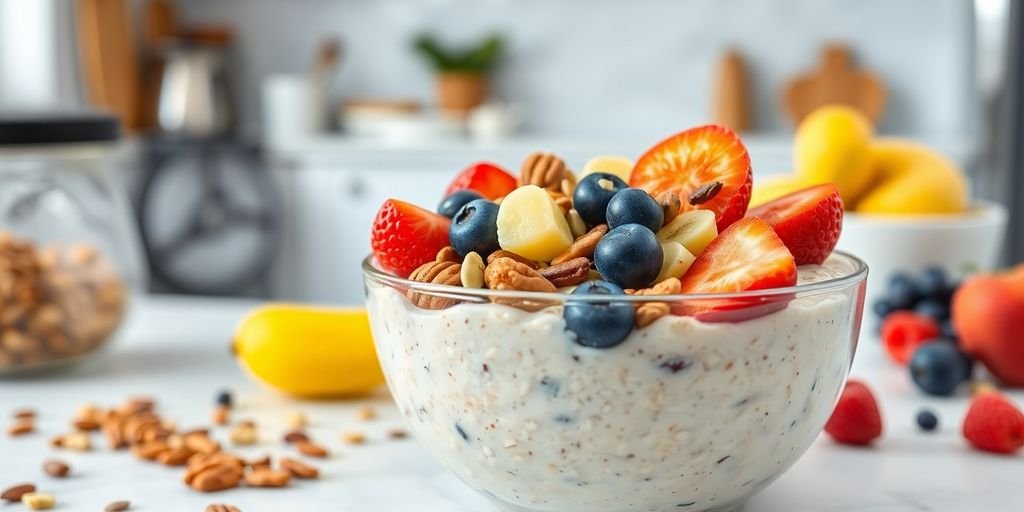 Bowl of protein-packed overnight oats with fruits and nuts.