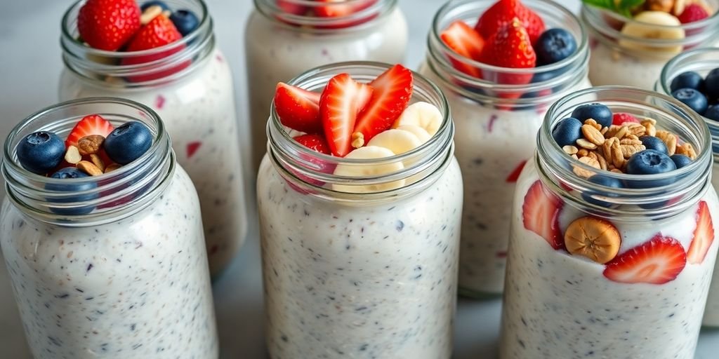 Colorful jars of high-protein overnight oats with fruits.