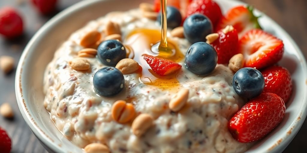 Bowl of protein-rich overnight oats with berries and nuts.