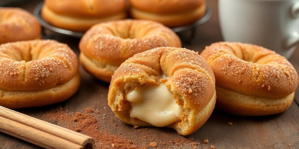 Churro cheesecake donut cookies on a wooden table.