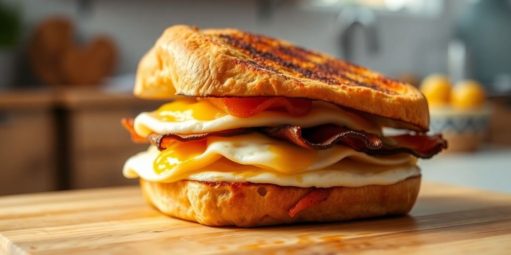 Breakfast sandwich with eggs and bacon on a cutting board.