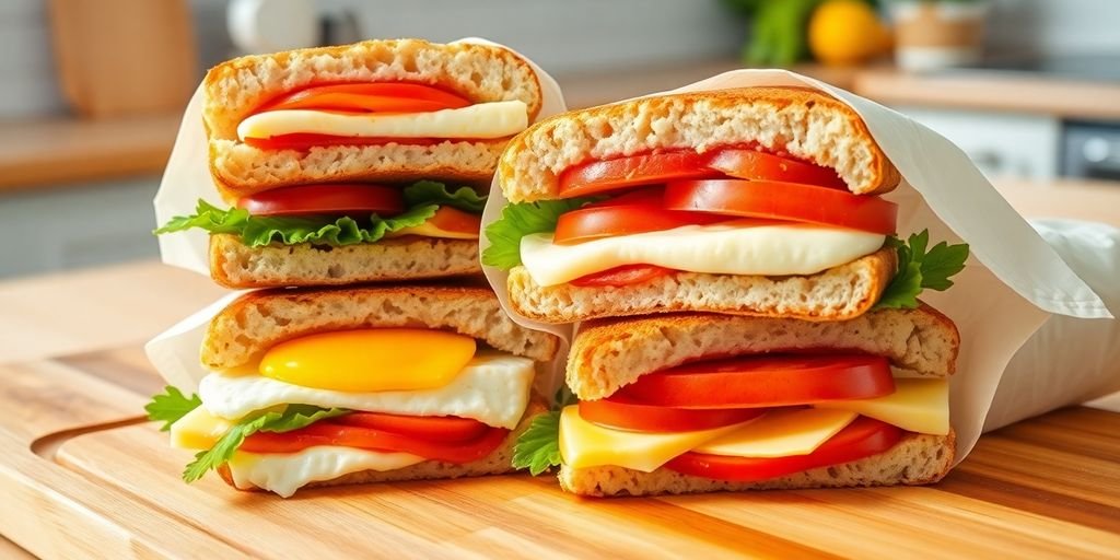 Delicious breakfast sandwiches on a cutting board.