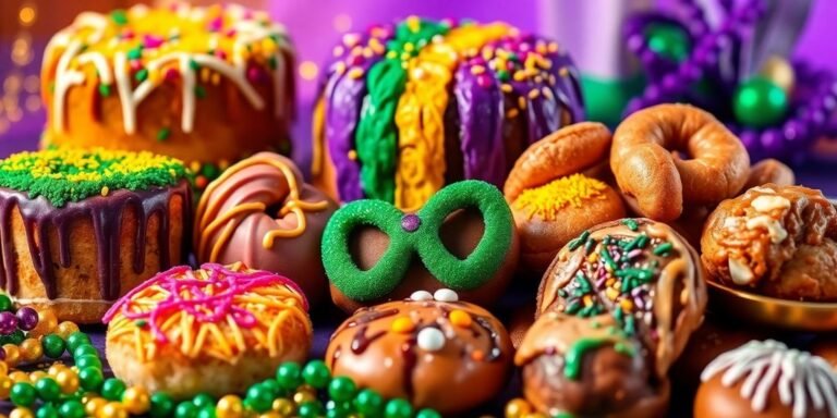 Colorful Mardi Gras desserts on a festive table.