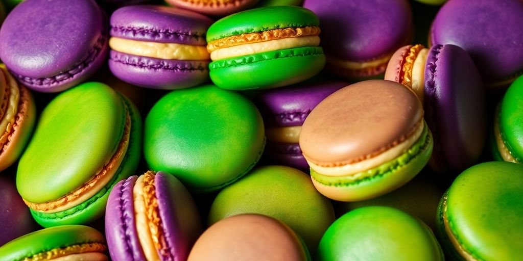 Colorful King Cake macarons in purple, green, and gold.