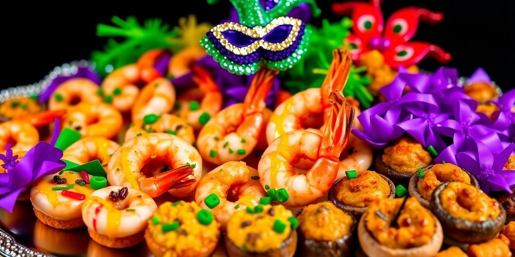 Colorful Mardi Gras appetizers on a decorative platter.