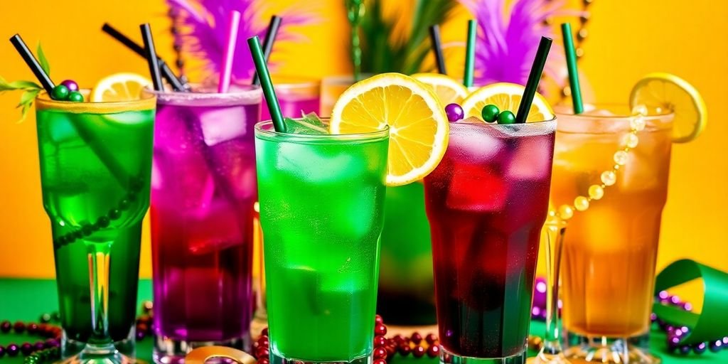 Colorful Mardi Gras cocktails with festive decorations and garnishes.