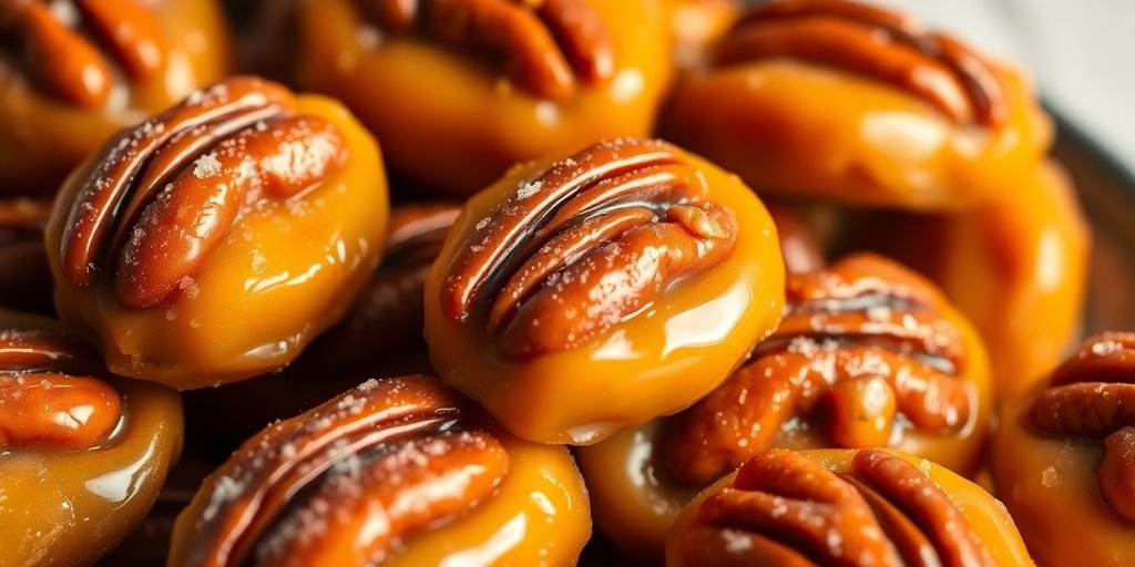 Golden-brown pecan pralines with a sugary glaze.