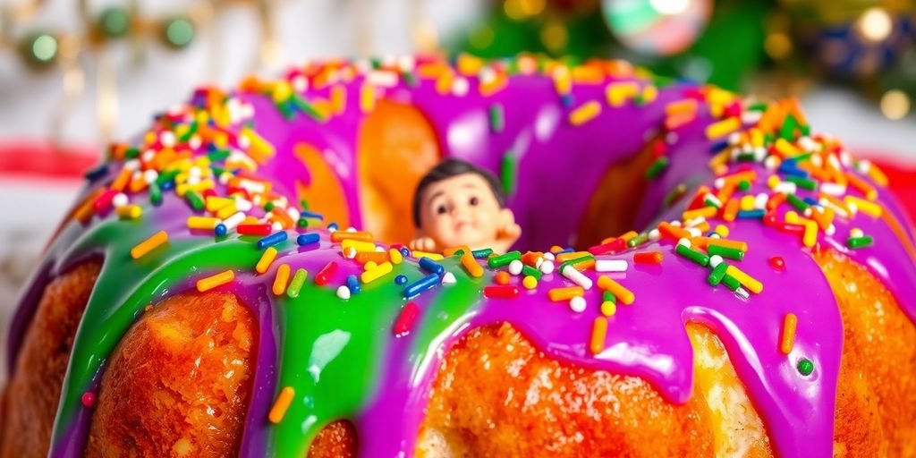 A colorful King Cake decorated for Mardi Gras.