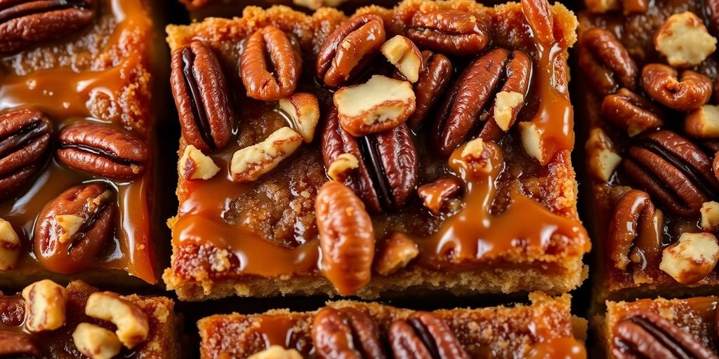 Close-up of delicious pecan pie bars with caramel.