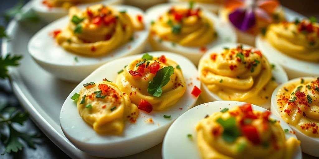 Close-up of colorful Cajun deviled eggs on a plate.