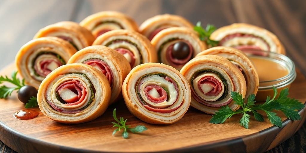 Sliced muffuletta pinwheels on a wooden platter.