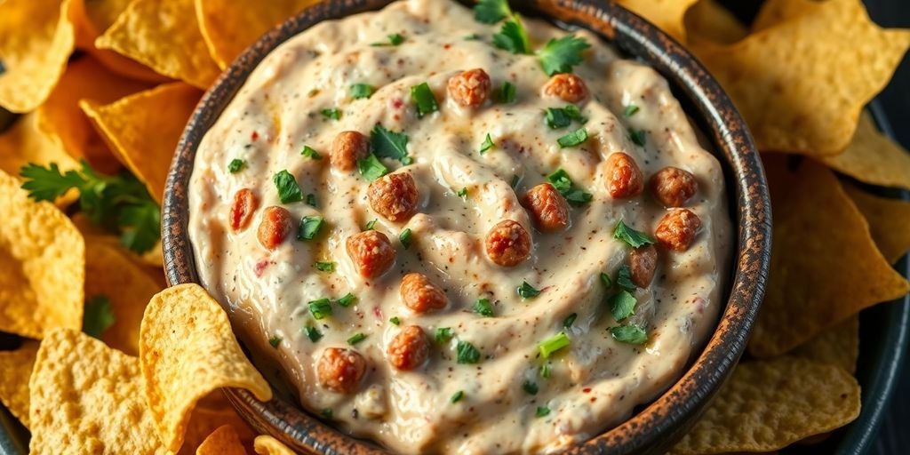 Creamy Boudin Dip with tortilla chips and herbs.