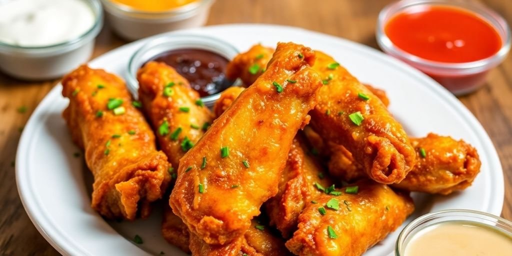 Golden-brown Mardi Gras wings with colorful dipping sauces.