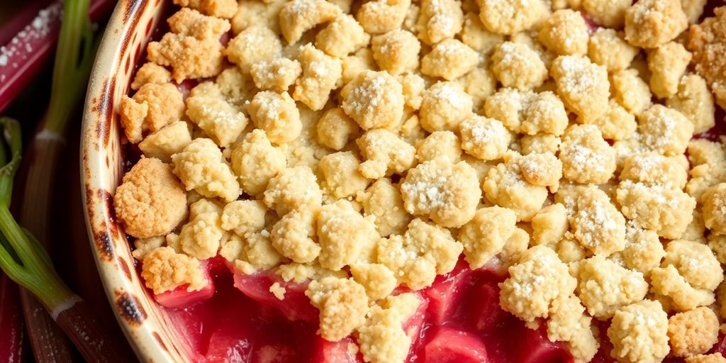 Close-up of a golden rhubarb crumble dessert.