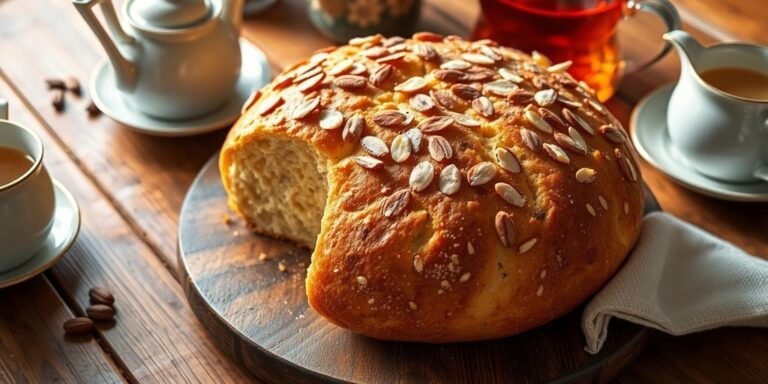 Golden-brown almond tea bread on a wooden table.