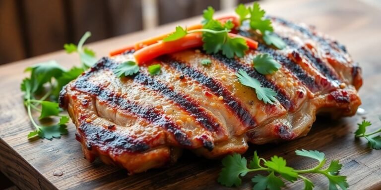 Grilled Vietnamese pork chop on a wooden table.