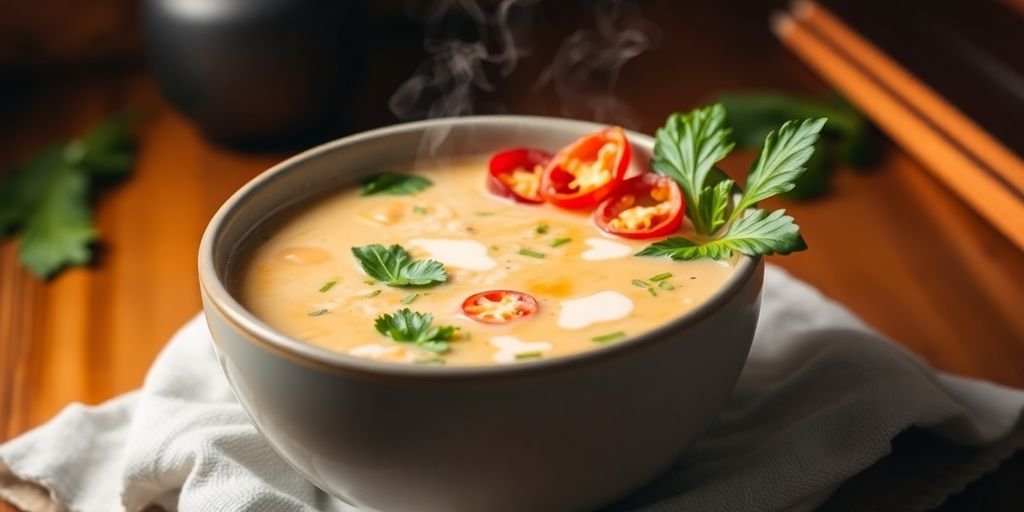 Bowl of Tom Kha Gai soup with herbs and chili.