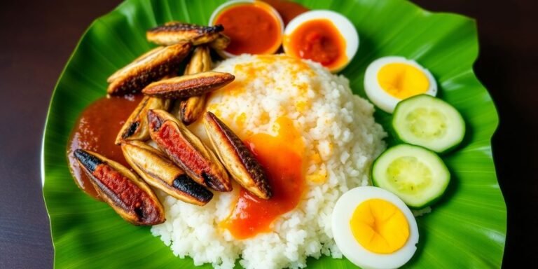 Plate of Nasi Lemak with vibrant ingredients on banana leaf.