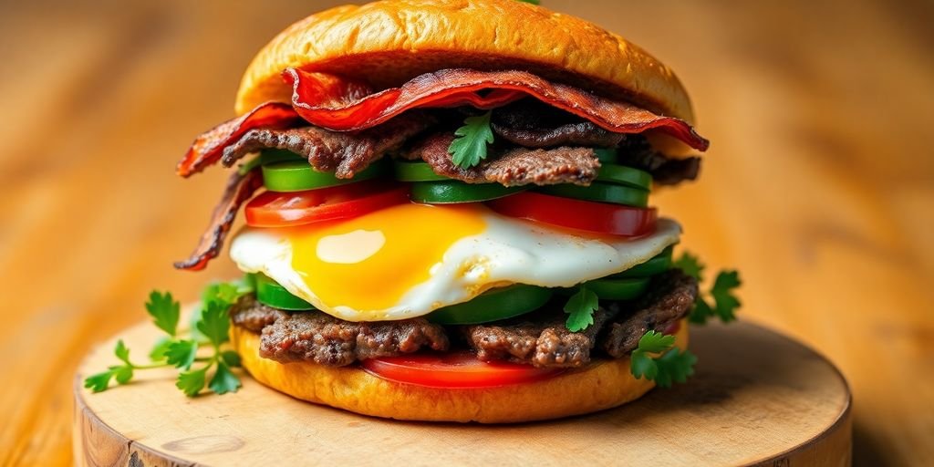 Close-up of a chivito sandwich with fresh ingredients.