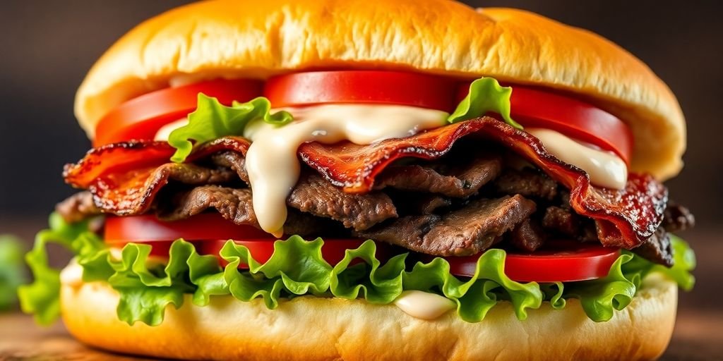 Close-up of a mouthwatering chivito sandwich with ingredients.