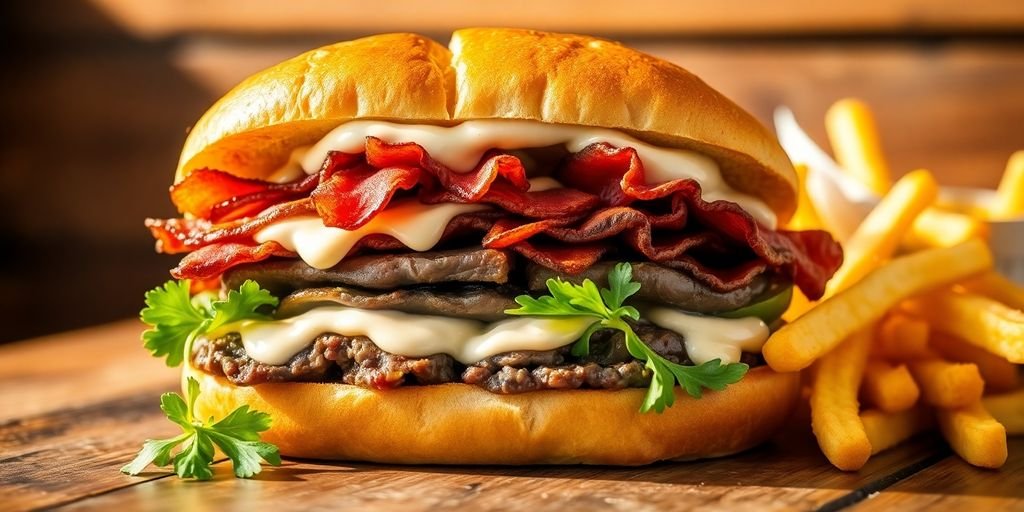 Delicious chivito sandwich with fries on a wooden table.