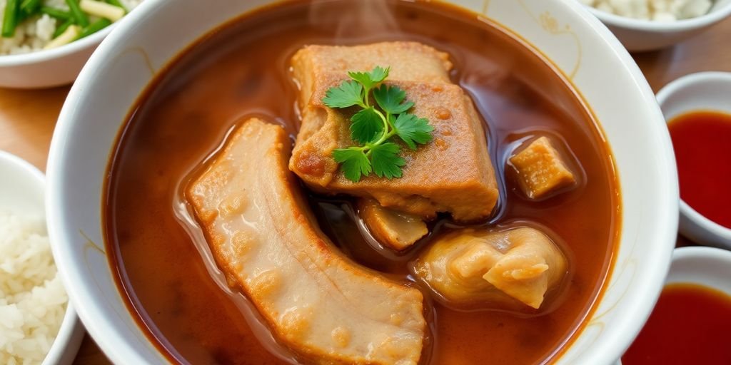 Delicious bowl of Bak Kut Teh with pork ribs and herbs.