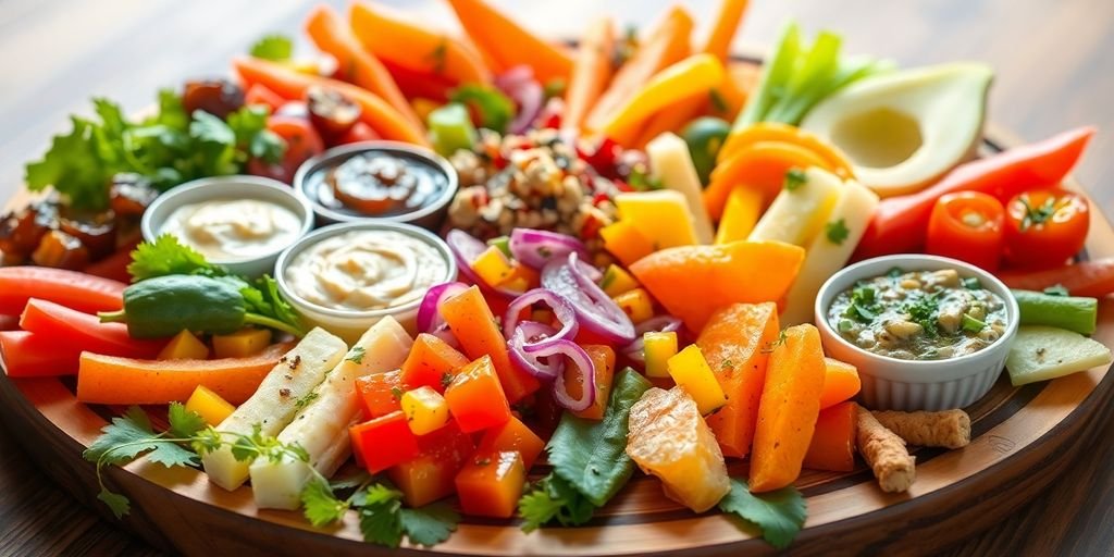 Colorful flexitarian snacks and appetizers on a platter.