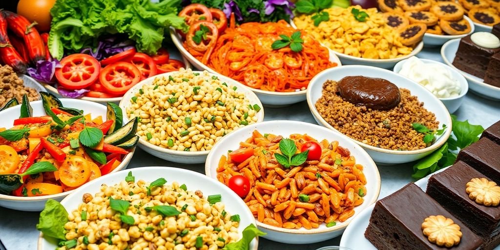 Colorful flexitarian dishes and decadent desserts on a table.