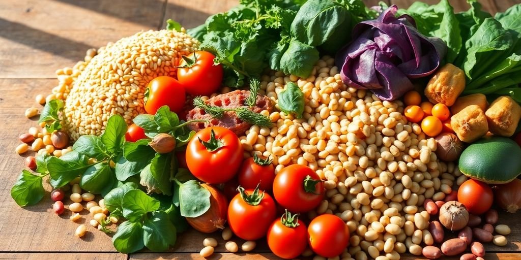 Colorful seasonal ingredients for healthy flexitarian recipes.