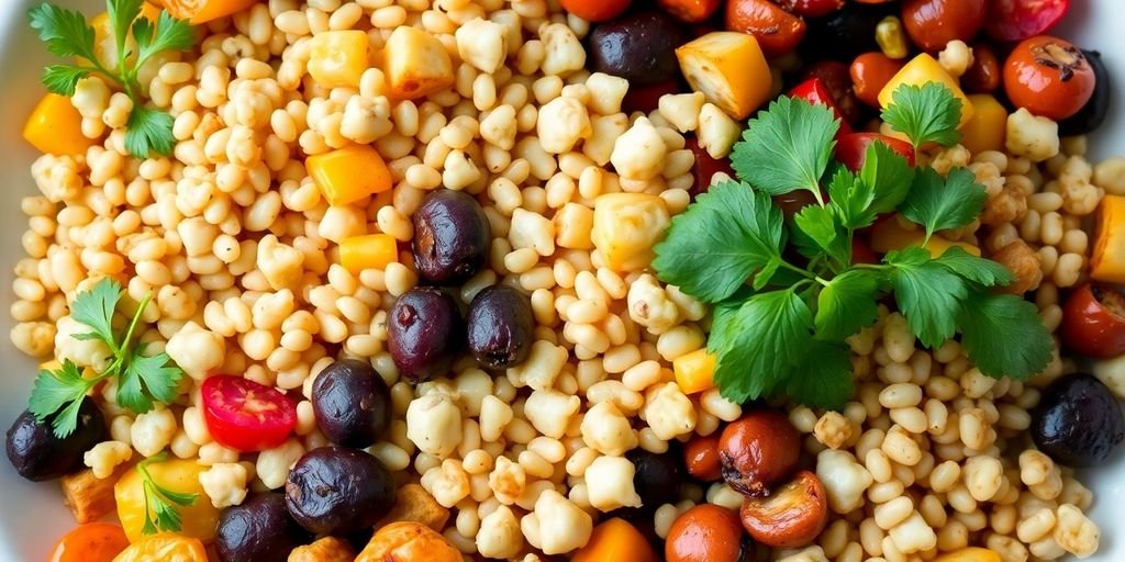Colorful plate of healthy flexitarian dinner ingredients.