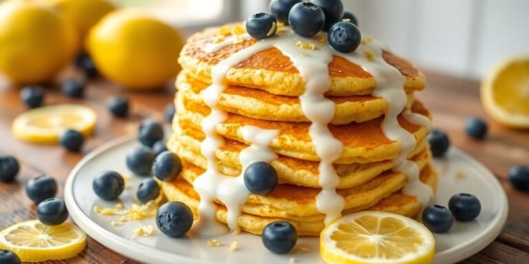 Stack of fluffy lemon poppyseed pancakes.