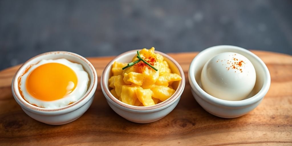 Perfectly arranged egg flights, golden yolks, vibrant garnishes.