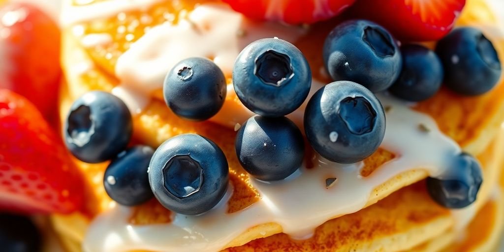 Stack of lemon poppyseed pancakes with fresh berries.