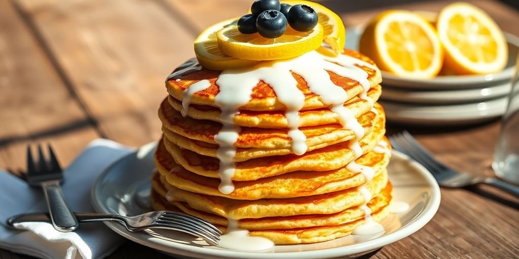 Stack of fluffy lemon poppyseed pancakes.