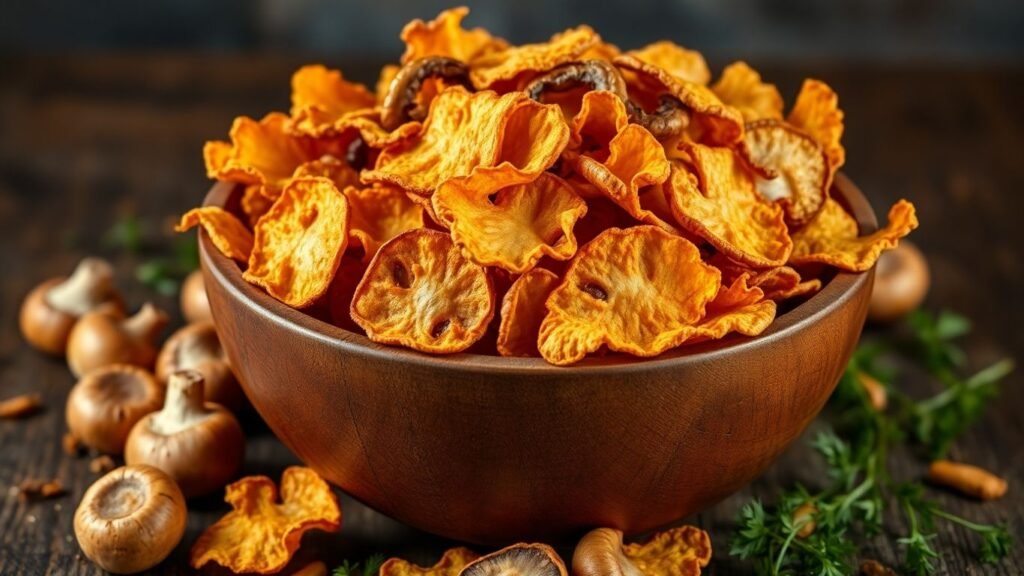 Crispy mushroom chips in a bowl