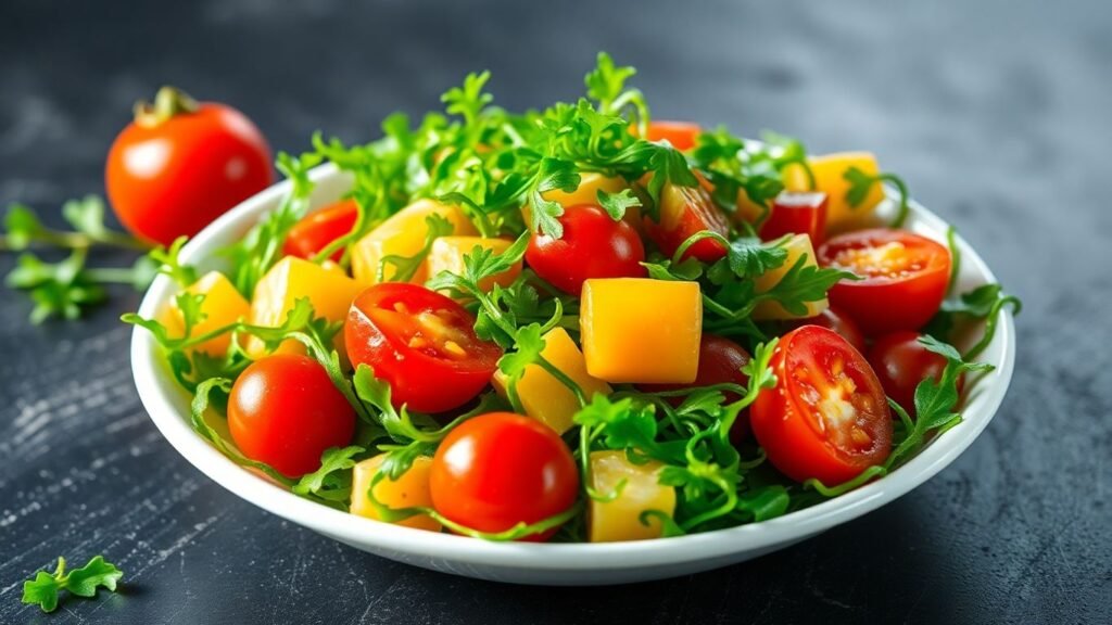 Healthy duckweed salad with fresh vegetables.