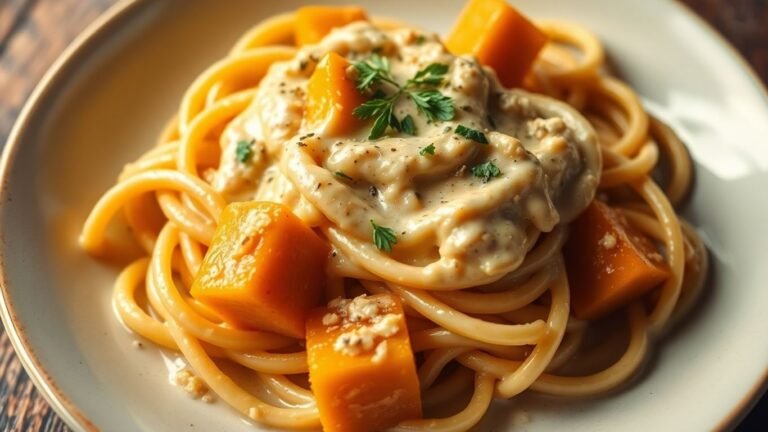 Butternut squash pasta with chestnut sauce and herbs.