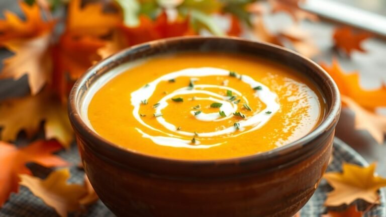 Creamy pumpkin soup in a bowl with cream swirl and herbs.