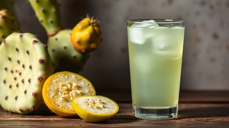 Cactus water in a glass next to a cactus.