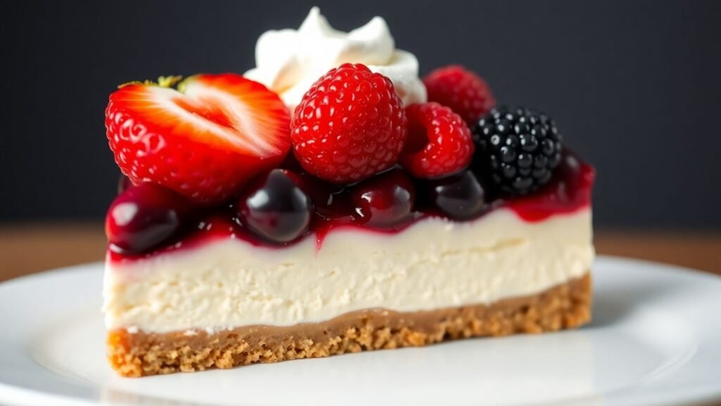 No bake cheesecake slice with berries and whipped cream.